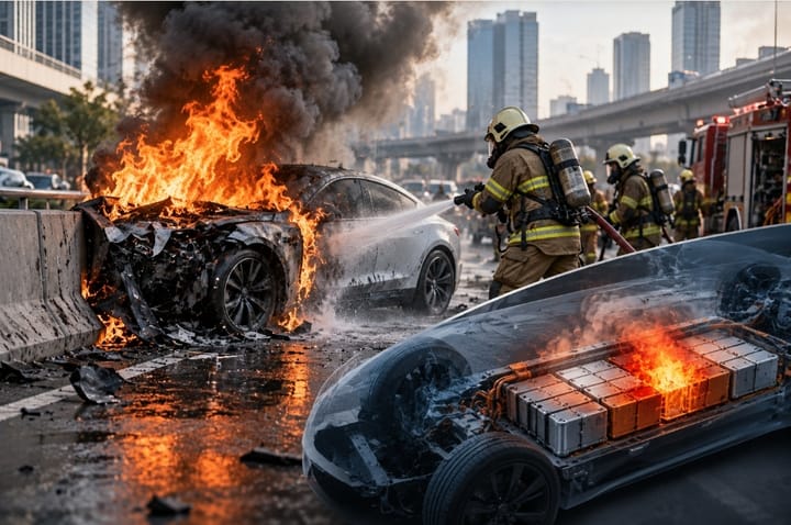 Mobil Listrik Terbakar Usai Kecelakaan, Mengapa Baterai EV Sulit Dipadamkan?