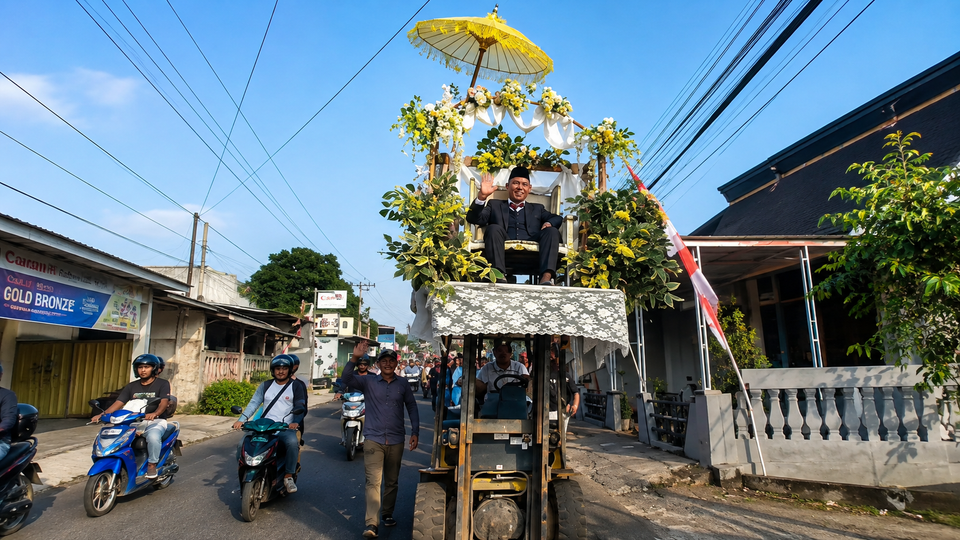 Pernikahan Unik di Kuningan, Pengantin Pria Diarak Naik Forklift